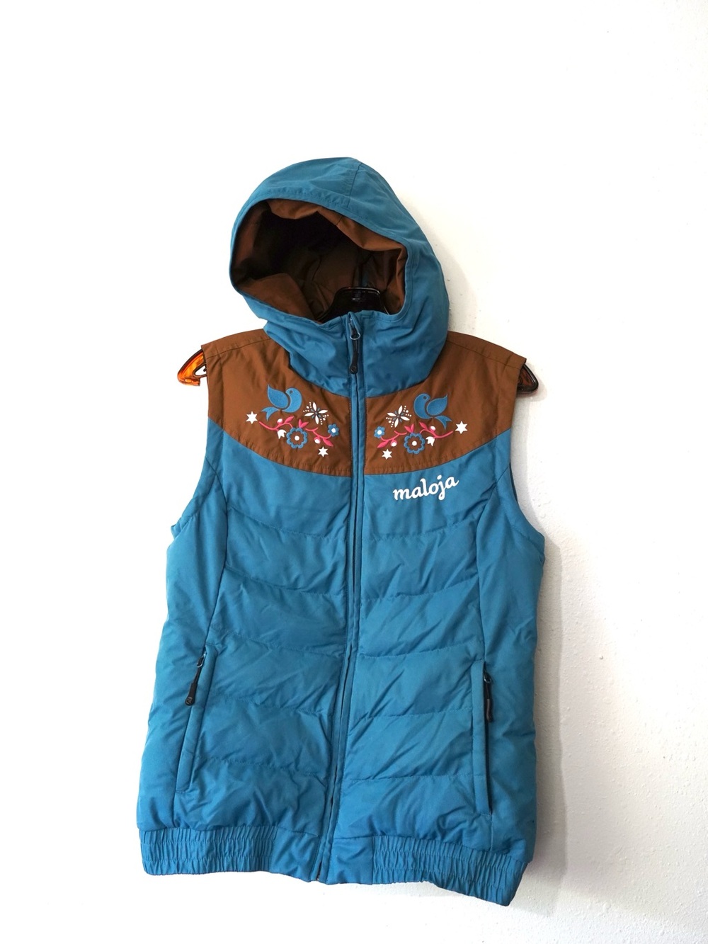 Maloja Womens Insulated Down Vest Hooded Blue Brown Outdoor Puffer Size L